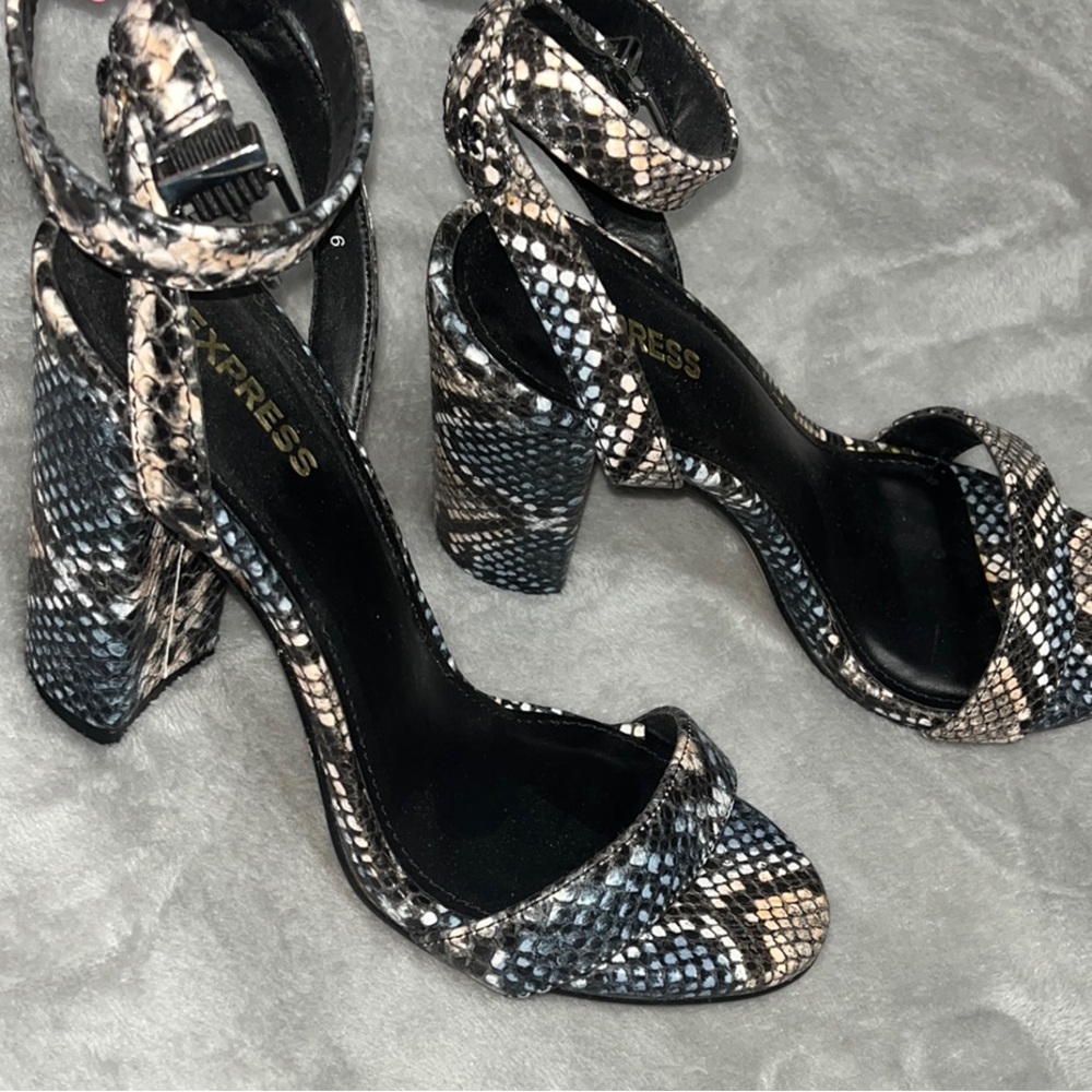 Express Black and Cream Snakeskin Heels